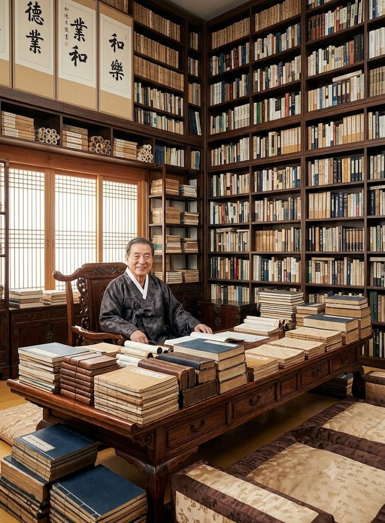 고서로 가득한 서재에서 서안 앞에 앉아 계신 예암사주운세연구소 대표